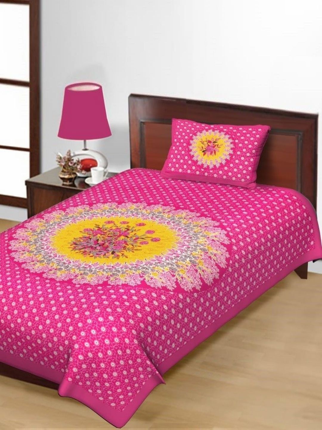 Salgia Pink & Yellow Floral Printed 144 TC Single Bedsheet Sets-2.25 m x 1.45 m-image-31