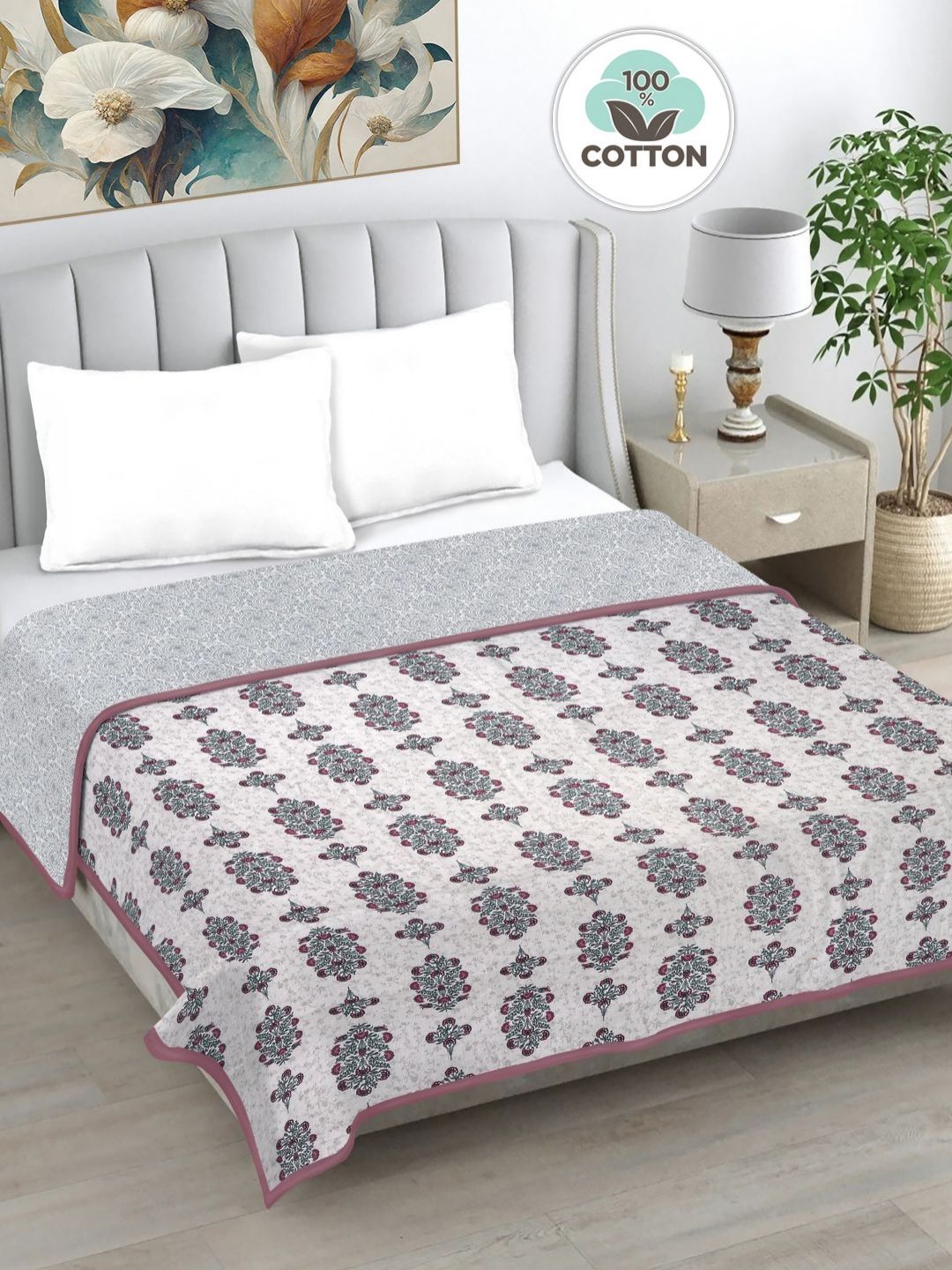 Myntra Elegant Homes White & Grey Floral AC Room 233 GSM Double Bed Dohar-picture-29