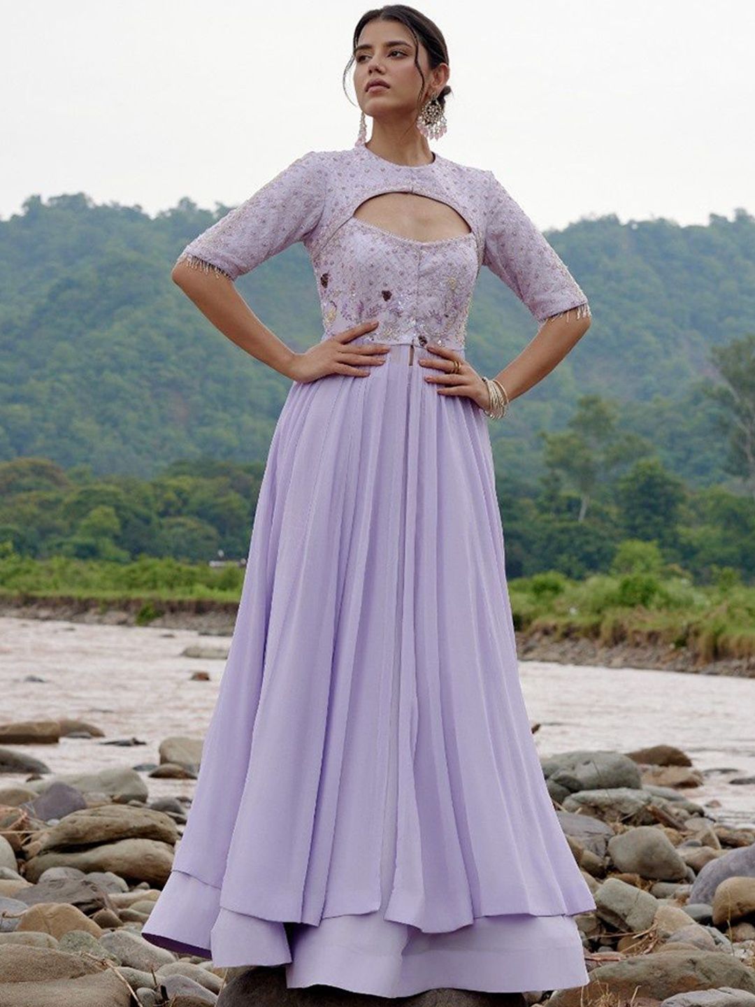 Kyra Bellissa Floral Embroidered Round Neck Georgette Anarkali Kurta With Skirt-image-47