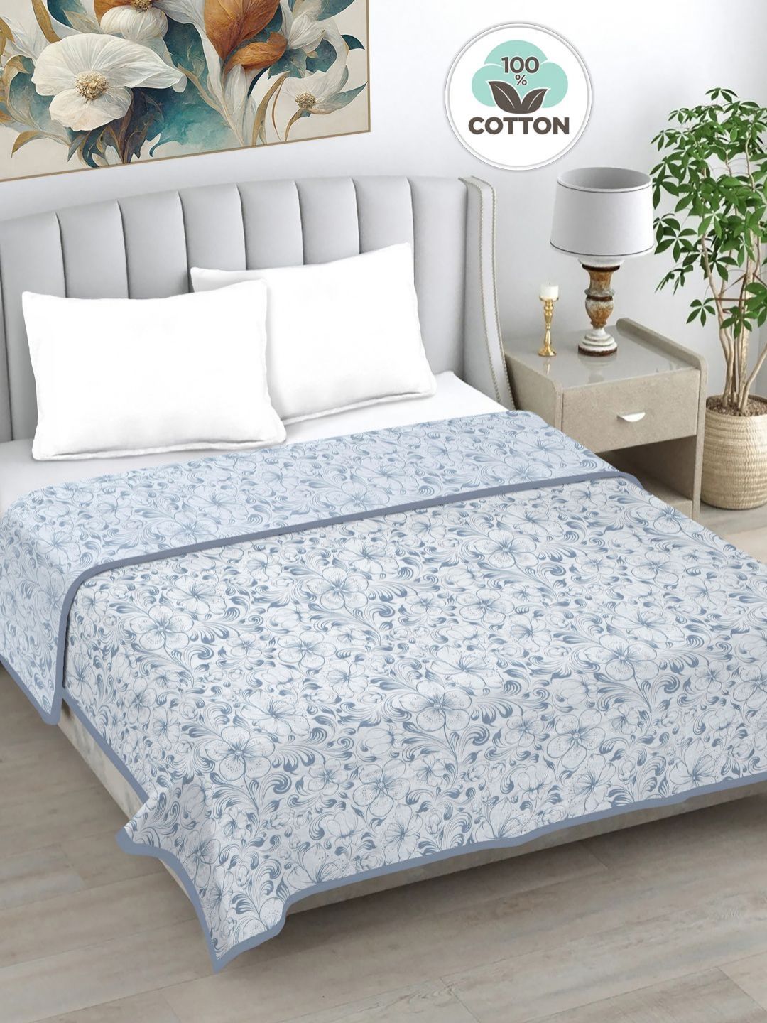 Myntra Elegant Homes Grey Floral AC Room 233 GSM Double Bed Dohar-picture-23