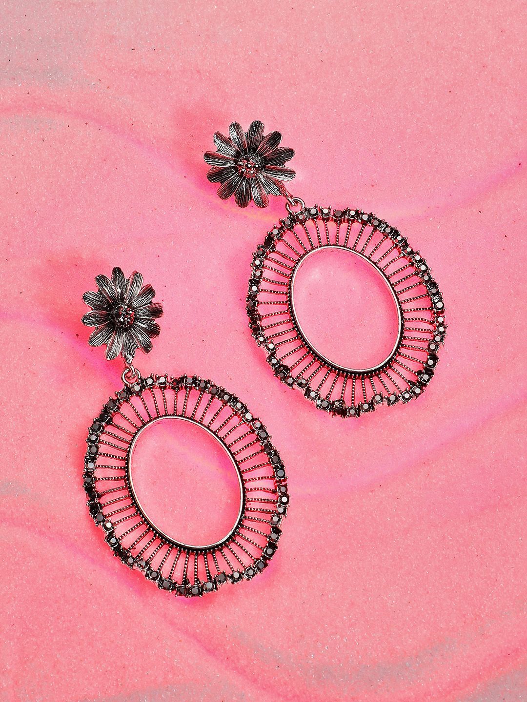 DressBerry Silver-Plated Artificial Stones Studded Oval Shaped Drop Earrings-picture-32