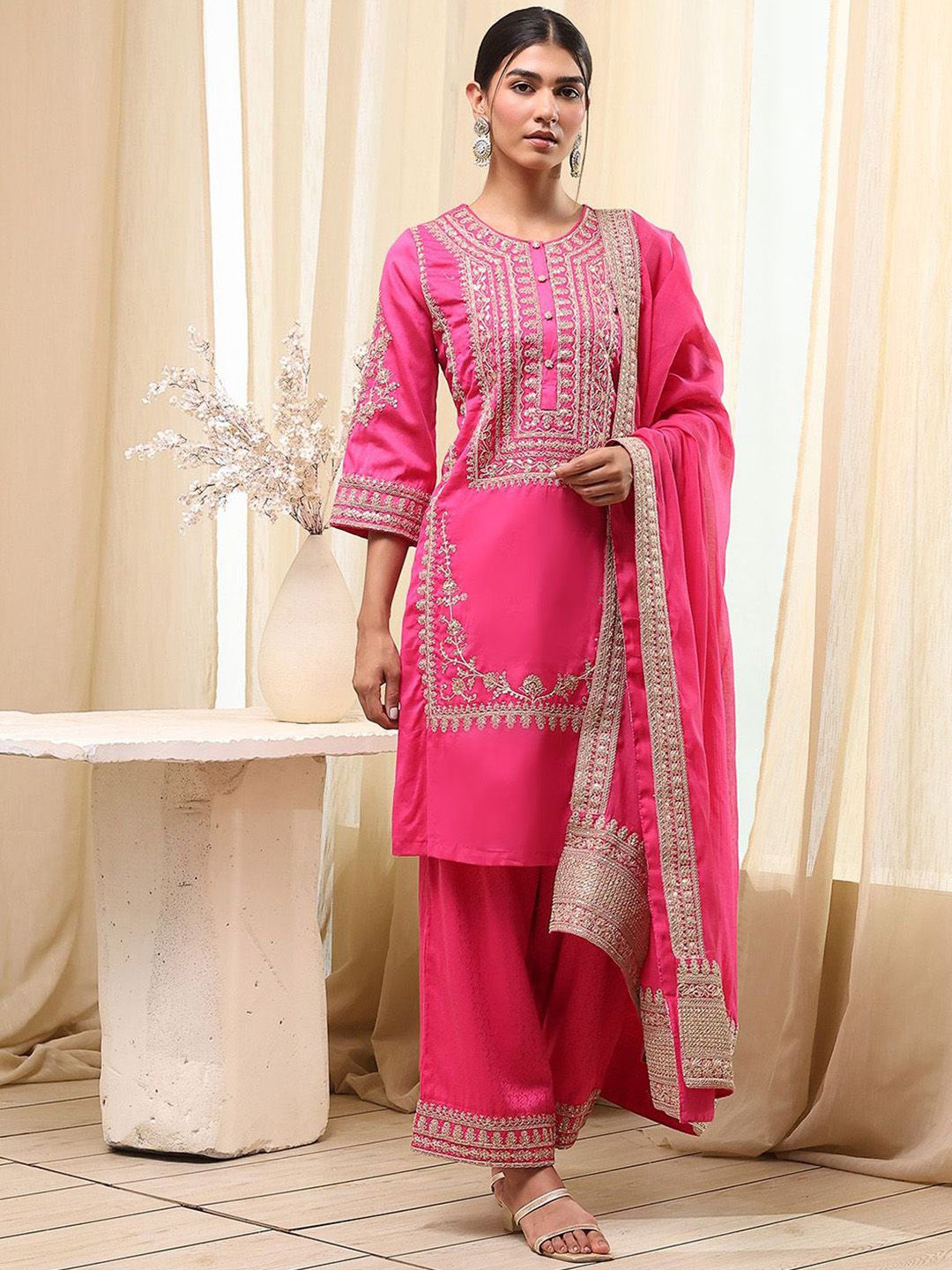 Biba Floral Embroidered Round Neck Thread Work Straight Kurta With Palazzos & Dupatta-picture-56