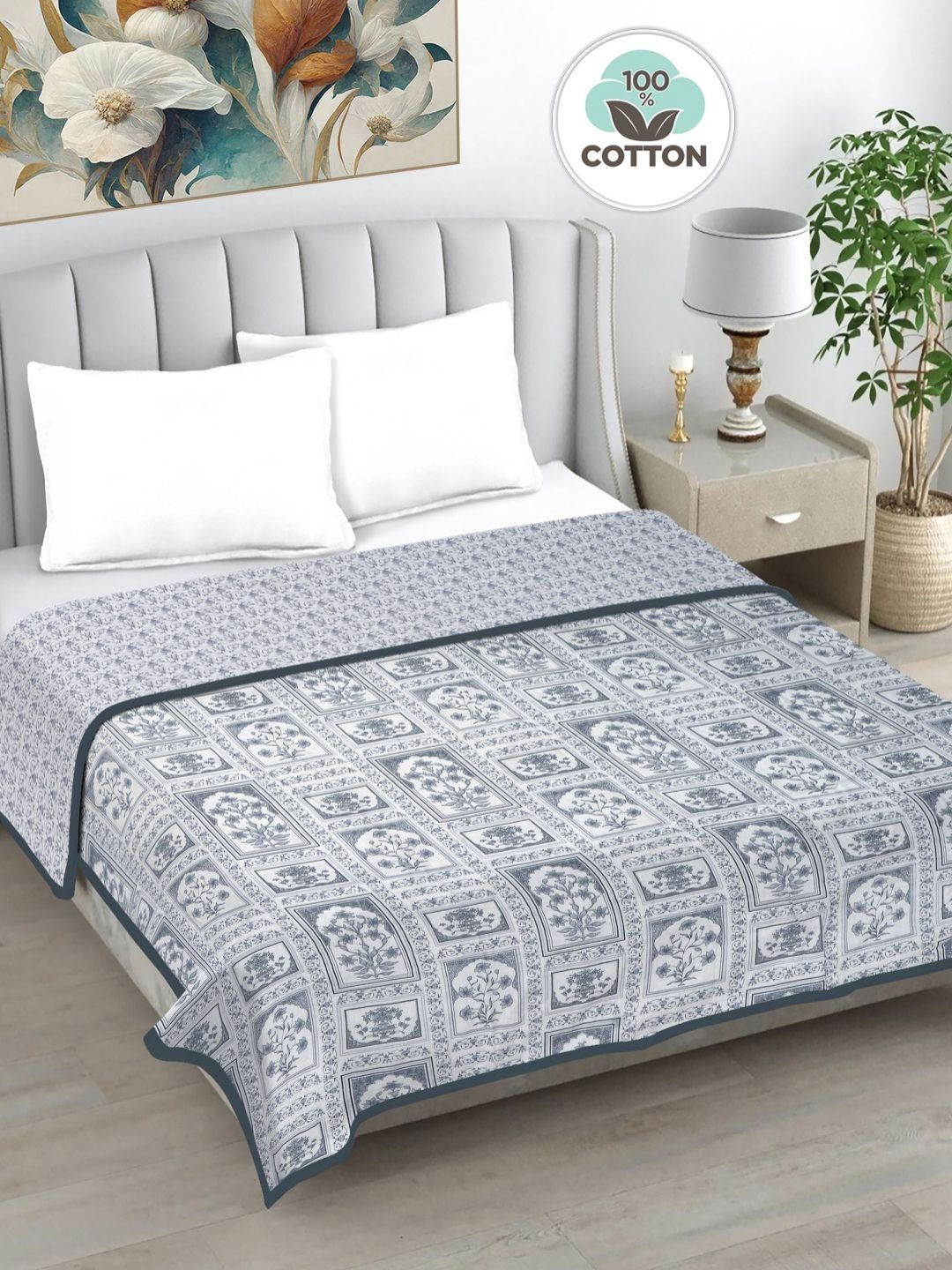Myntra Elegant Homes Grey Printed Pure Cotton AC Room 230 GSM Reversible Double Bed Dohar-picture-32