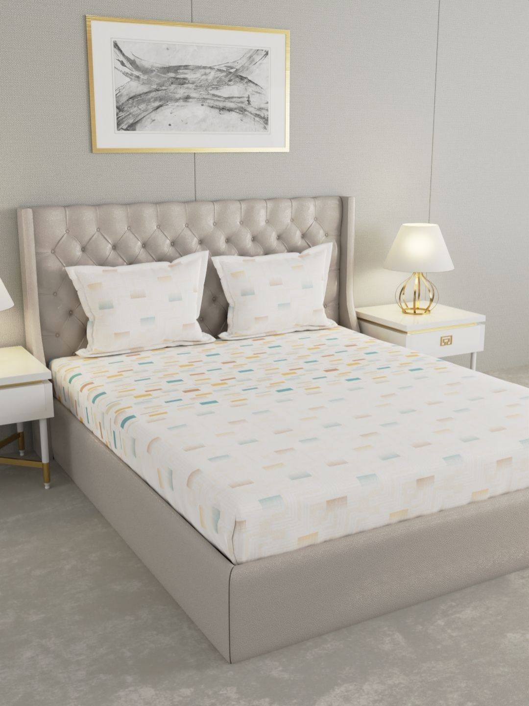 Raymond Home White & Mustard Printed 200 TC Cotton King Bedsheet Set- 2.74 m x 2.74 m-picture-13
