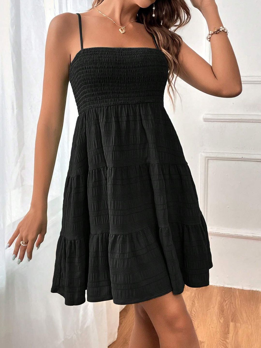 StyleCast Women Shoulder Straps Sleeveless Smocked Fit & Flare Dress