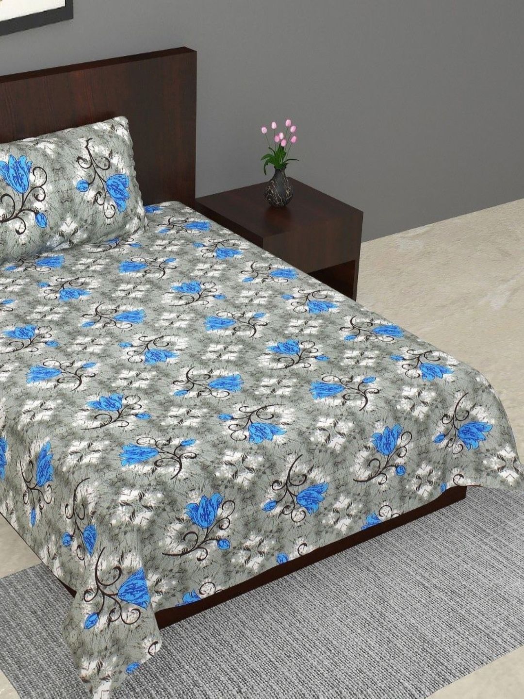 Salgia Grey & Blue Floral Printed 144 TC Single Bedsheet Sets-2.25 m x 1.45 m-image-29