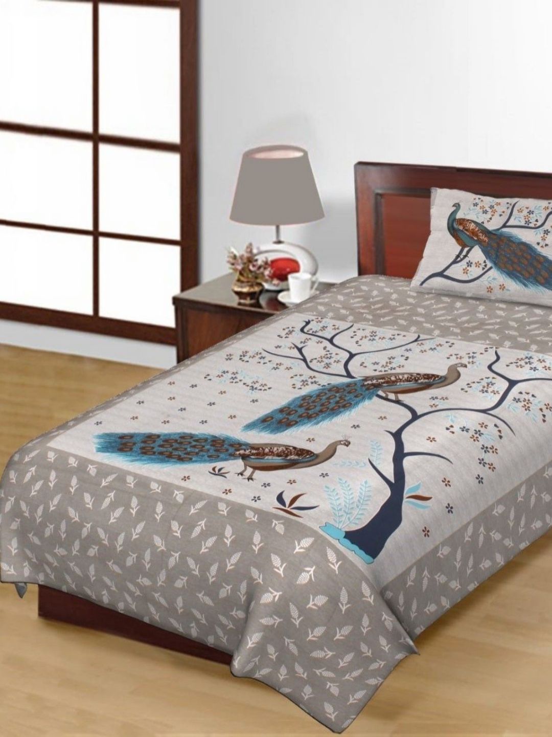 Salgia Grey & Pink Ethnic Motifs Printed 144 TC Single Bedsheet Sets-2.25 m x 1.45 m-image-4