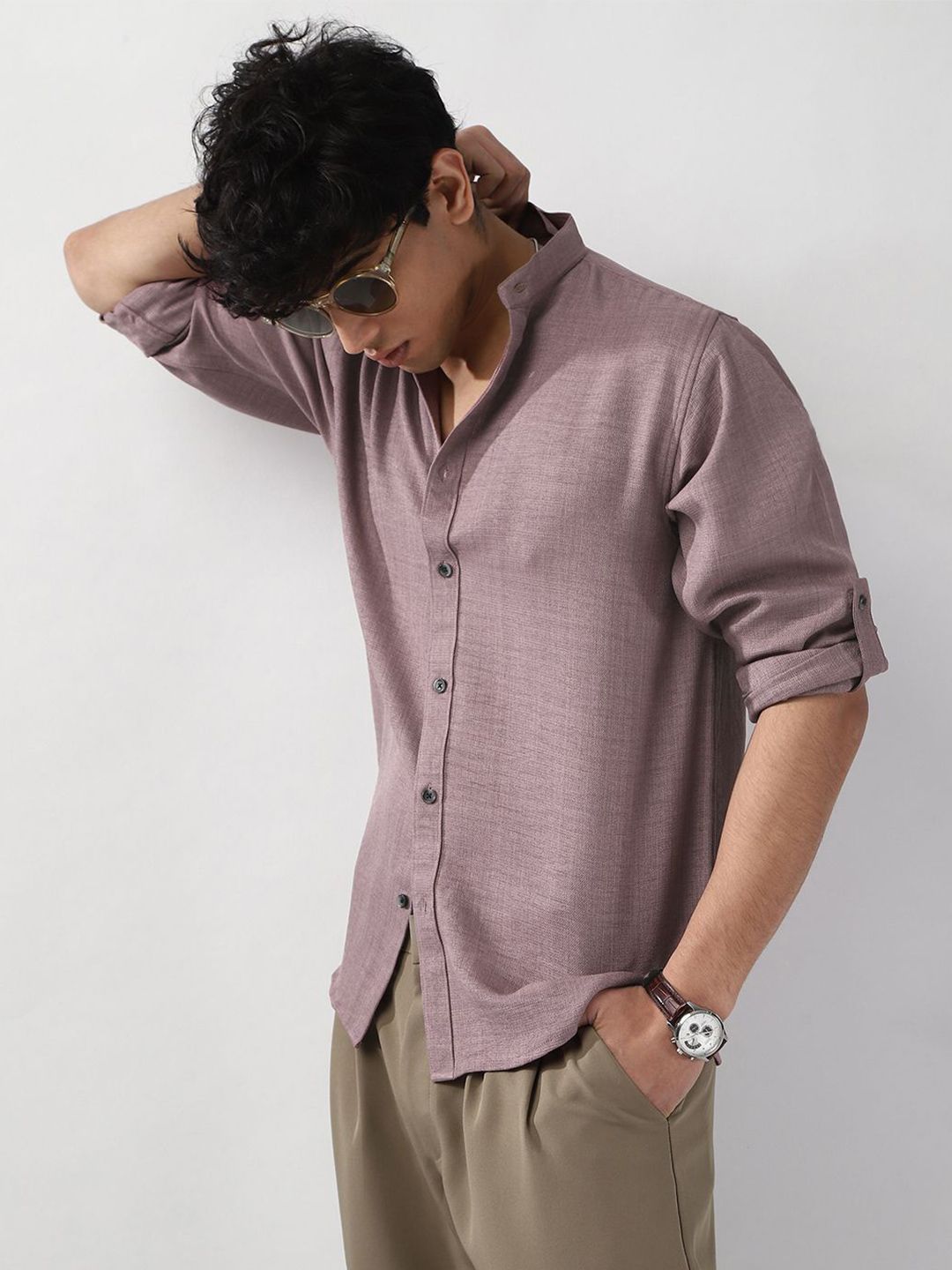 Urbano Fashion Men Purple Solid Linen Full Sleeve Relaxed Fit Mandarin Collar Casual Shirt-image-5