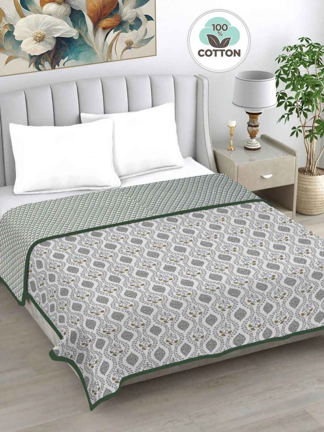 Myntra Elegant Homes Green Floral AC Room 233 GSM Double Bed Dohar-image-31