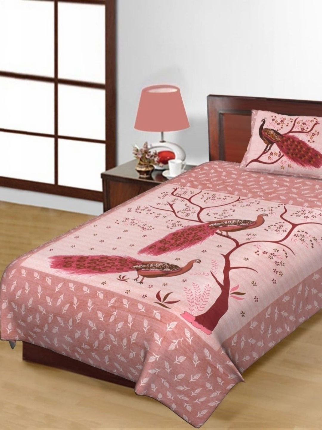 Salgia Pink & Maroon Ethnic Motifs Printed 144 TC Single Bedsheet Sets- 2.25 m x 1.45 m-image-1
