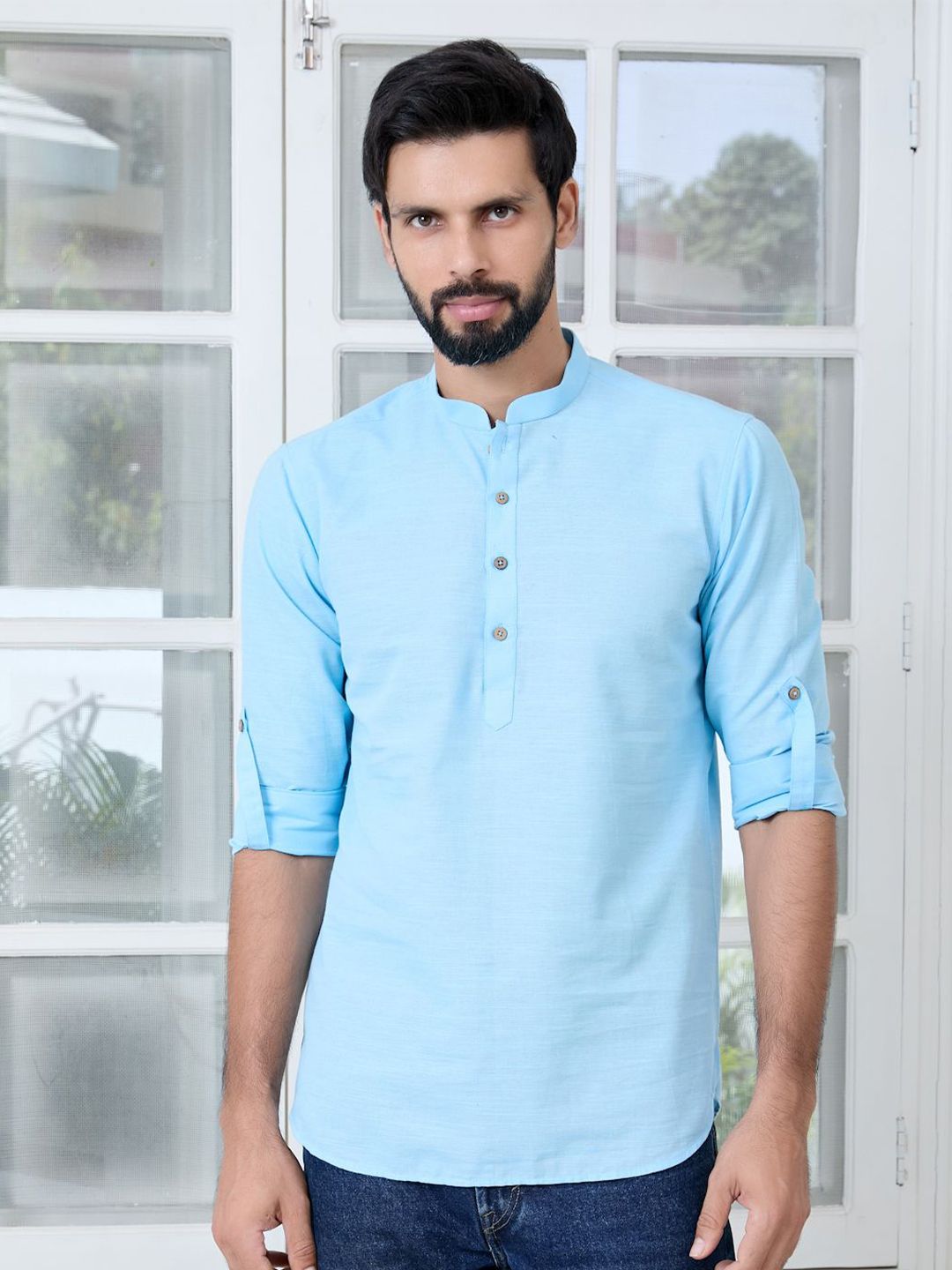 See Designs Men Mandarin Collar Roll-Up Sleeves Kurta-picture-40