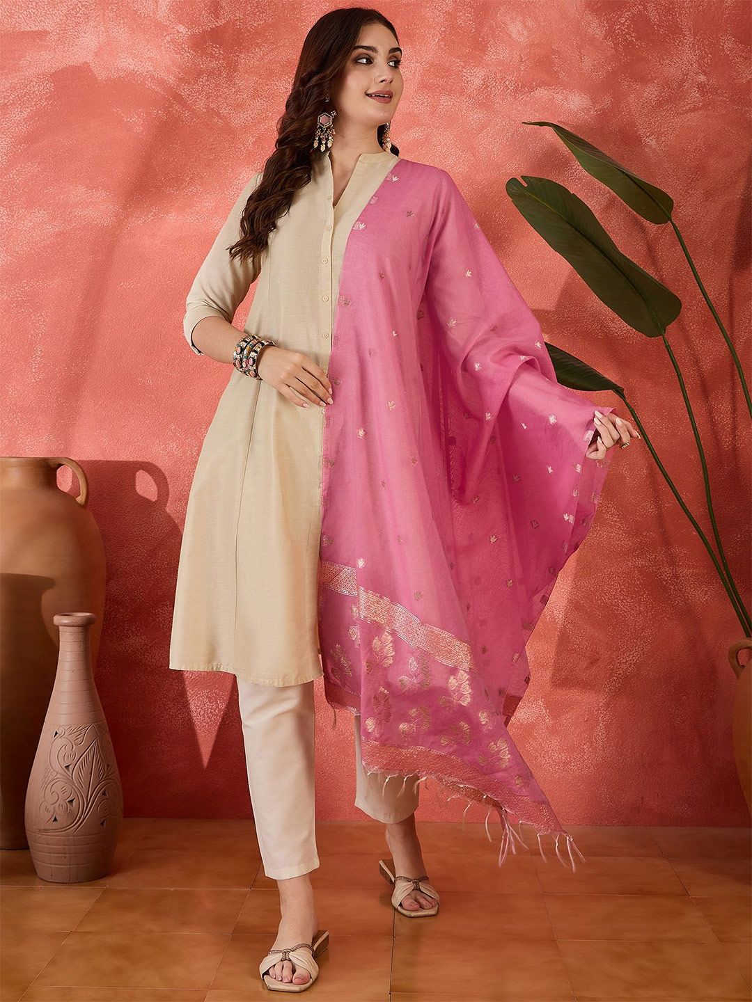 Sangria Ethnic Motifs Woven Design Embroidered Zari Dupatta-image-43