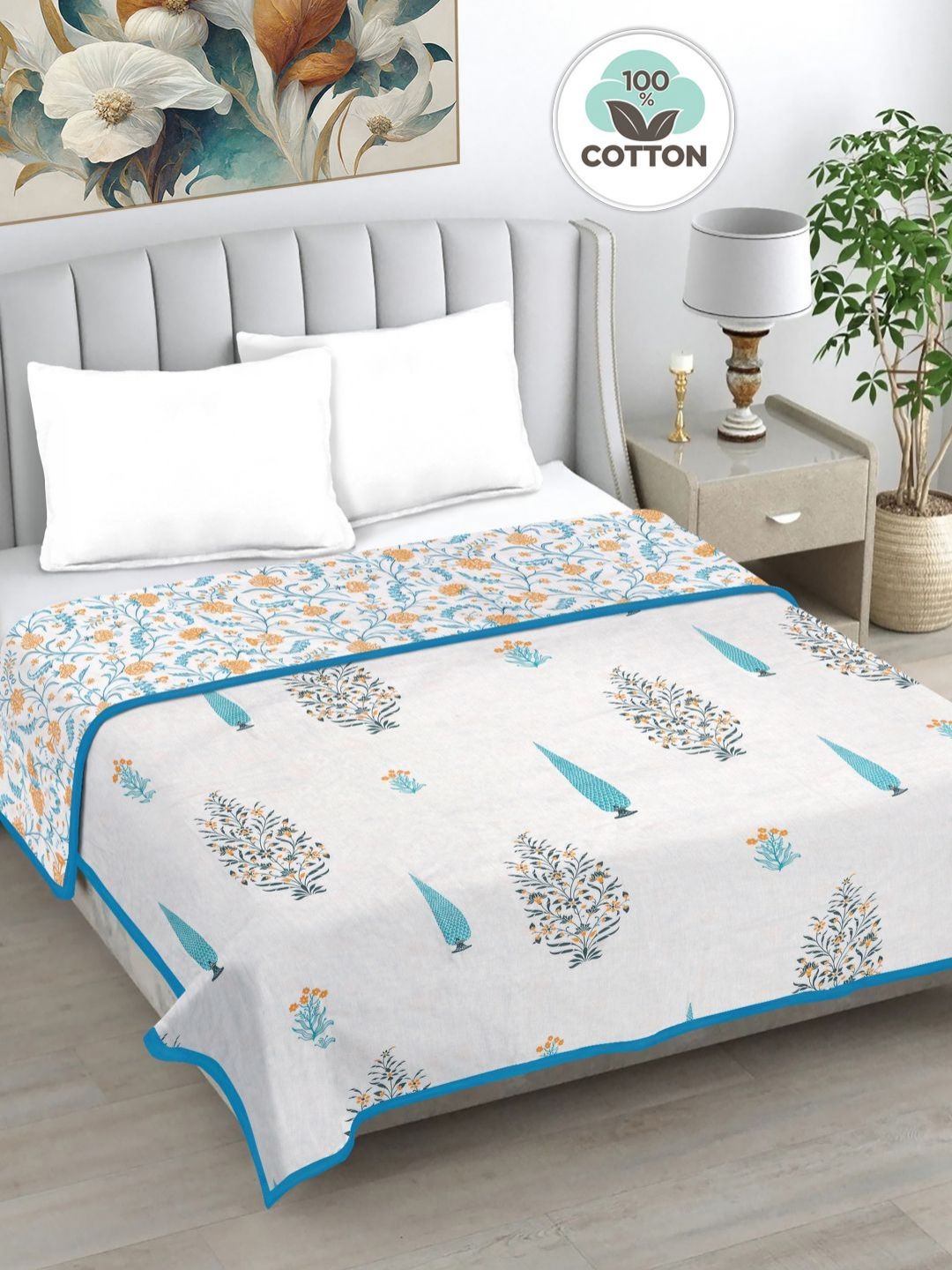 Myntra Elegant Homes Blue & White Floral AC Room 233 GSM Double Bed Dohar-picture-12