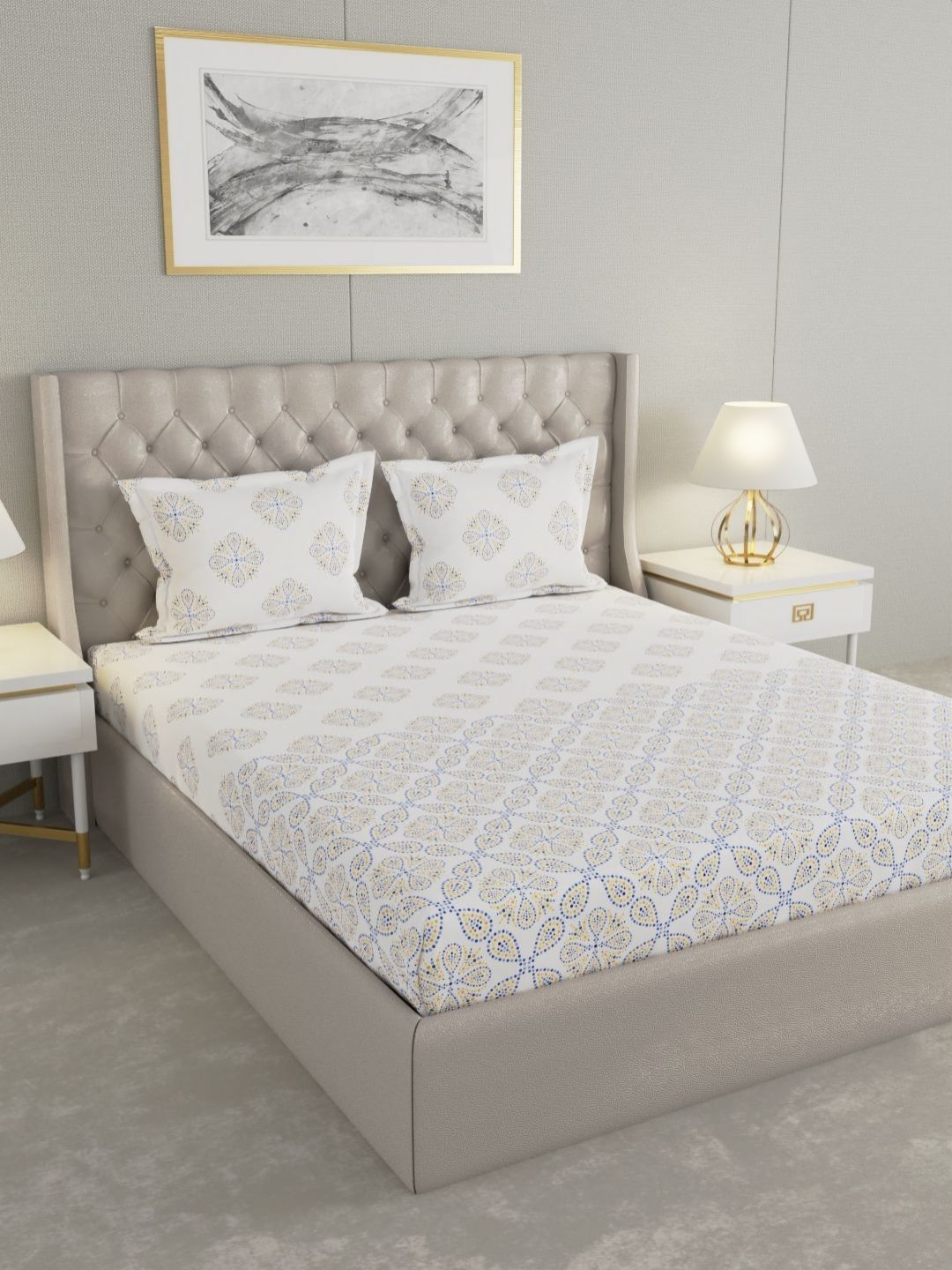 Raymond Home White & Blue Printed 200 TC Cotton King Bedsheet Set-image-41