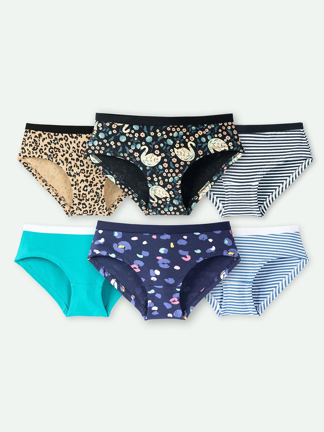 ariel Girls Pack Of 6 Printed Mid Rise Basic BriefsAR-Panty-P6-swan-bluprin-pantyZ