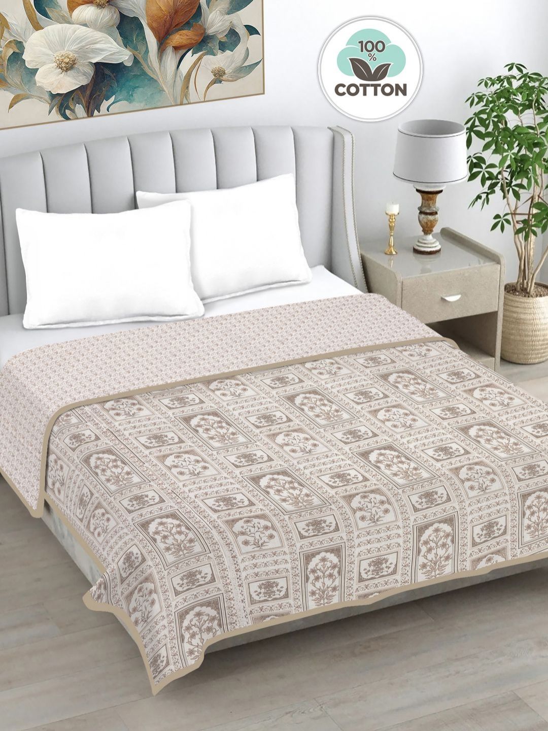 Myntra Elegant Homes Beige Printed Pure Cotton AC Room 230 GSM Reversible Double Bed Dohar-picture-39
