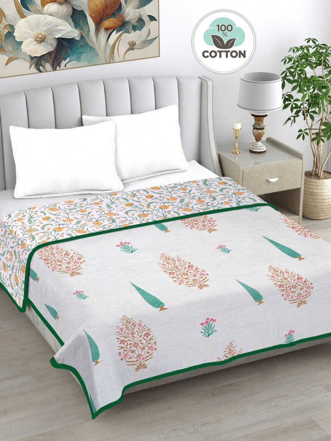 Myntra Elegant Homes White & Green Floral AC Room 233 GSM Double Bed Dohar-picture-25