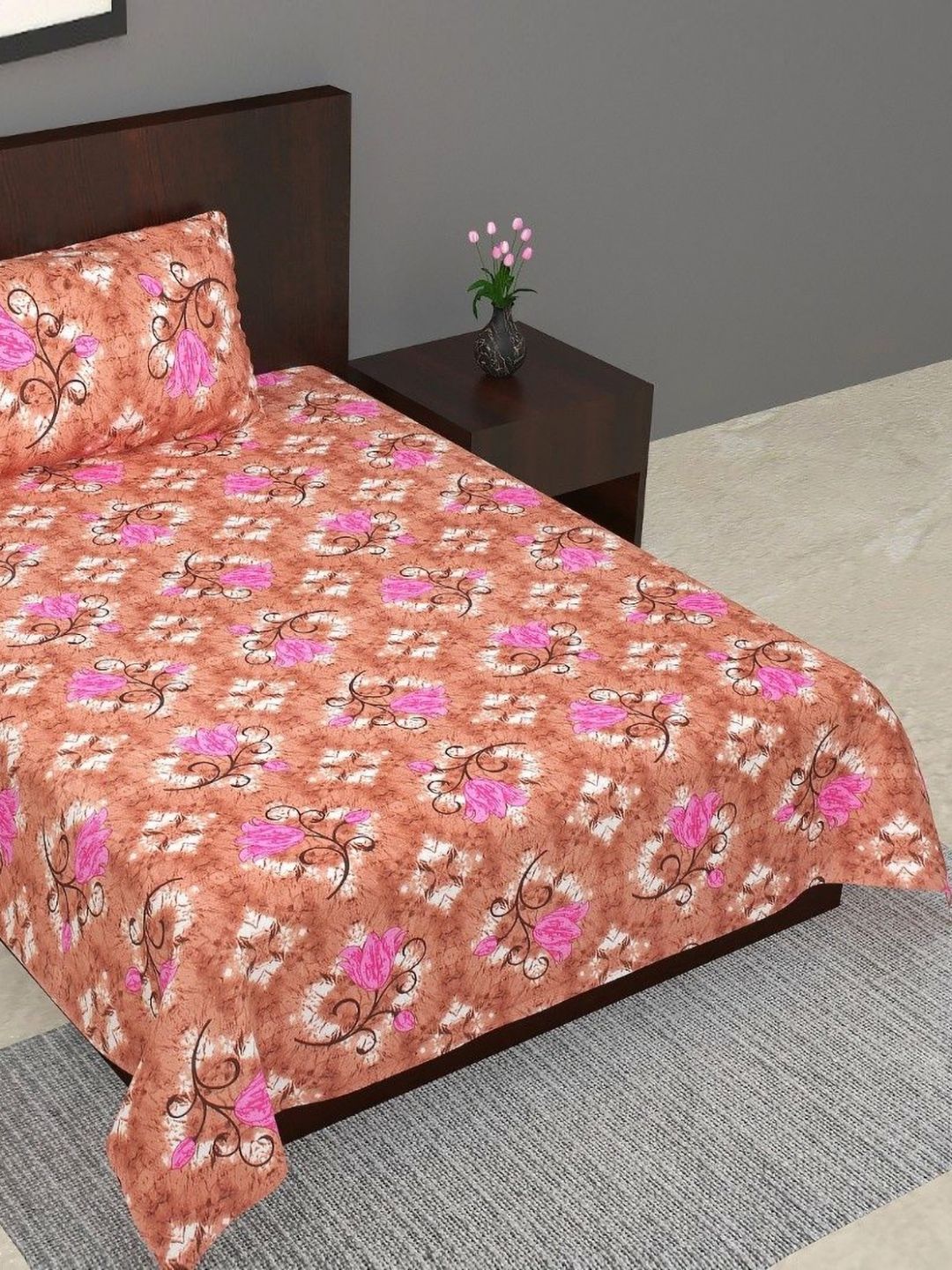 Salgia Brown & Pink Floral Printed 144 TC Single Bedsheet Sets-2.25 m x 1.45 m-image-17
