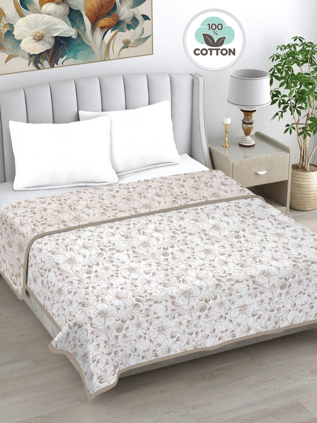 Myntra Elegant Homes Beige & Pink Floral AC Room 233 GSM Double Bed Dohar-picture-17