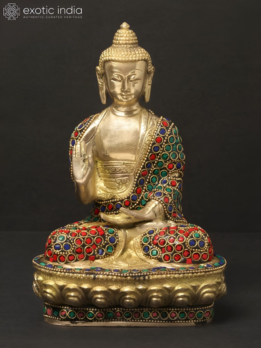 Exotic India Gold-Toned & Red Seated Vitarka Mudra Buddha Idol Showpiece-picture-36