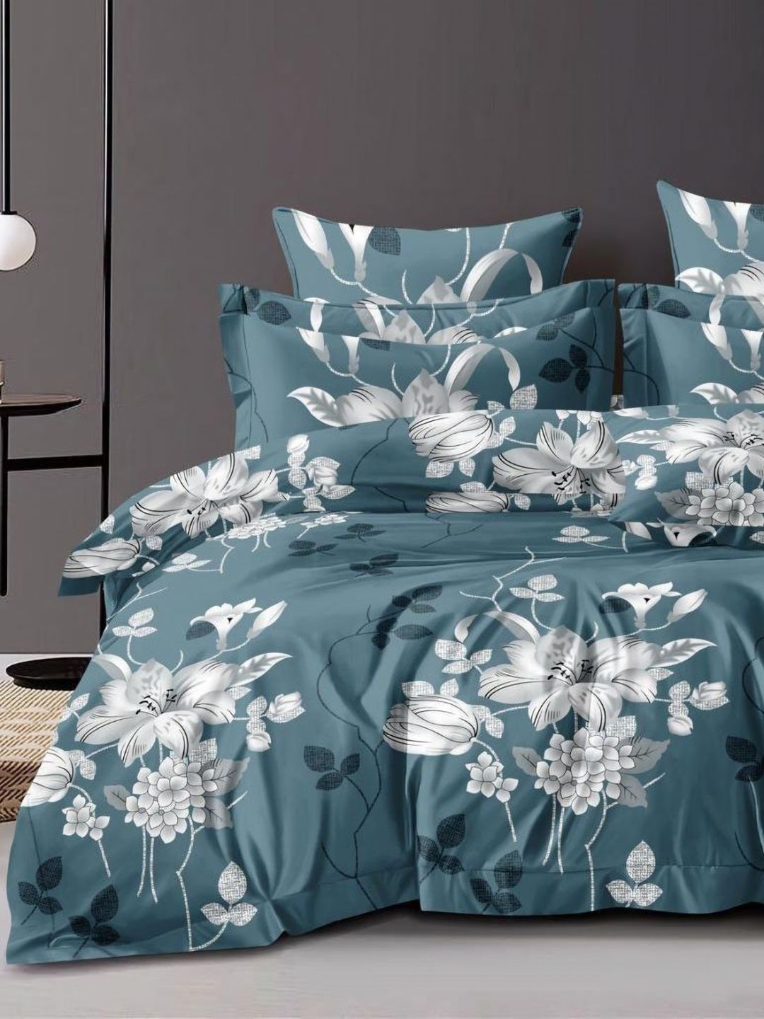 Aura Teal & White Floral Printed Cotton 300 TC Queen Bedsheet Set 2.25 m x 2.50 m-image-44