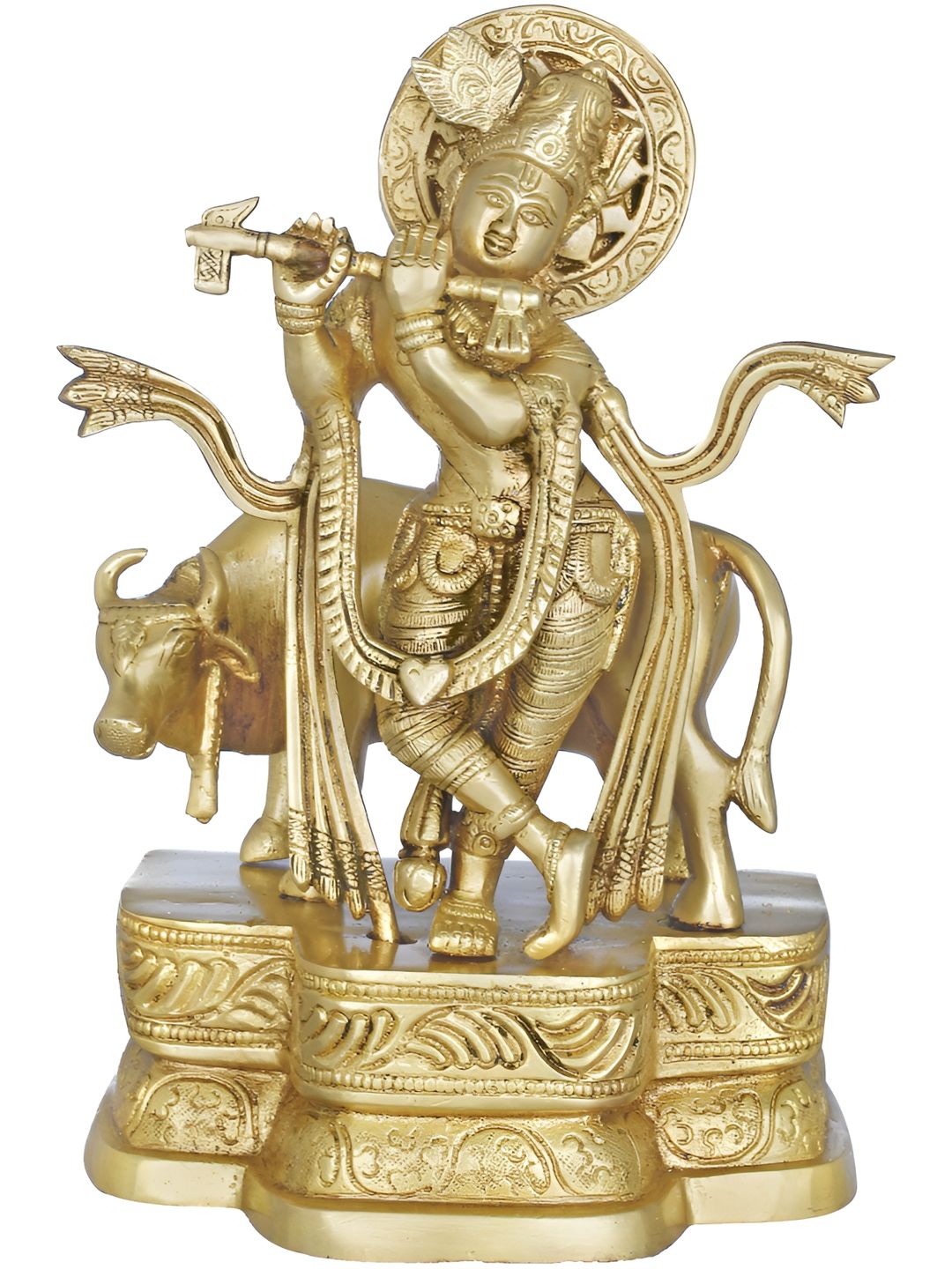 Exotic India Gold-Toned Fluting Krishna With His Cow Religious Idol Showpiece-picture-34