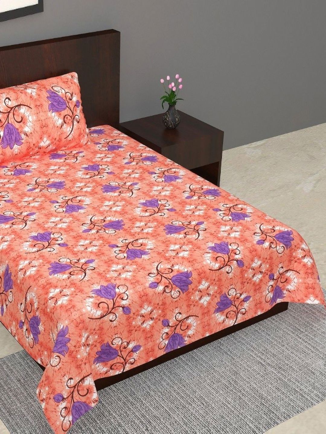 Salgia Peach & Purple Floral Printed 144 TC Single Bedsheet Sets- 2.25 m x 1.45 m-picture-13