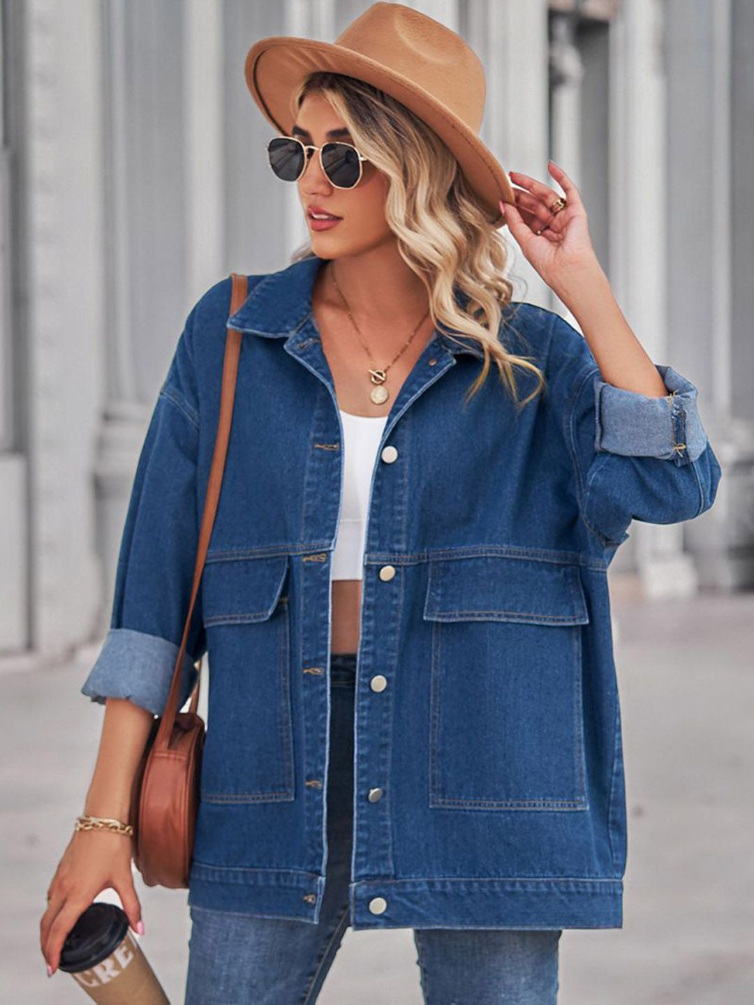 StyleCast Women Longline Denim Jacket with Patchwork