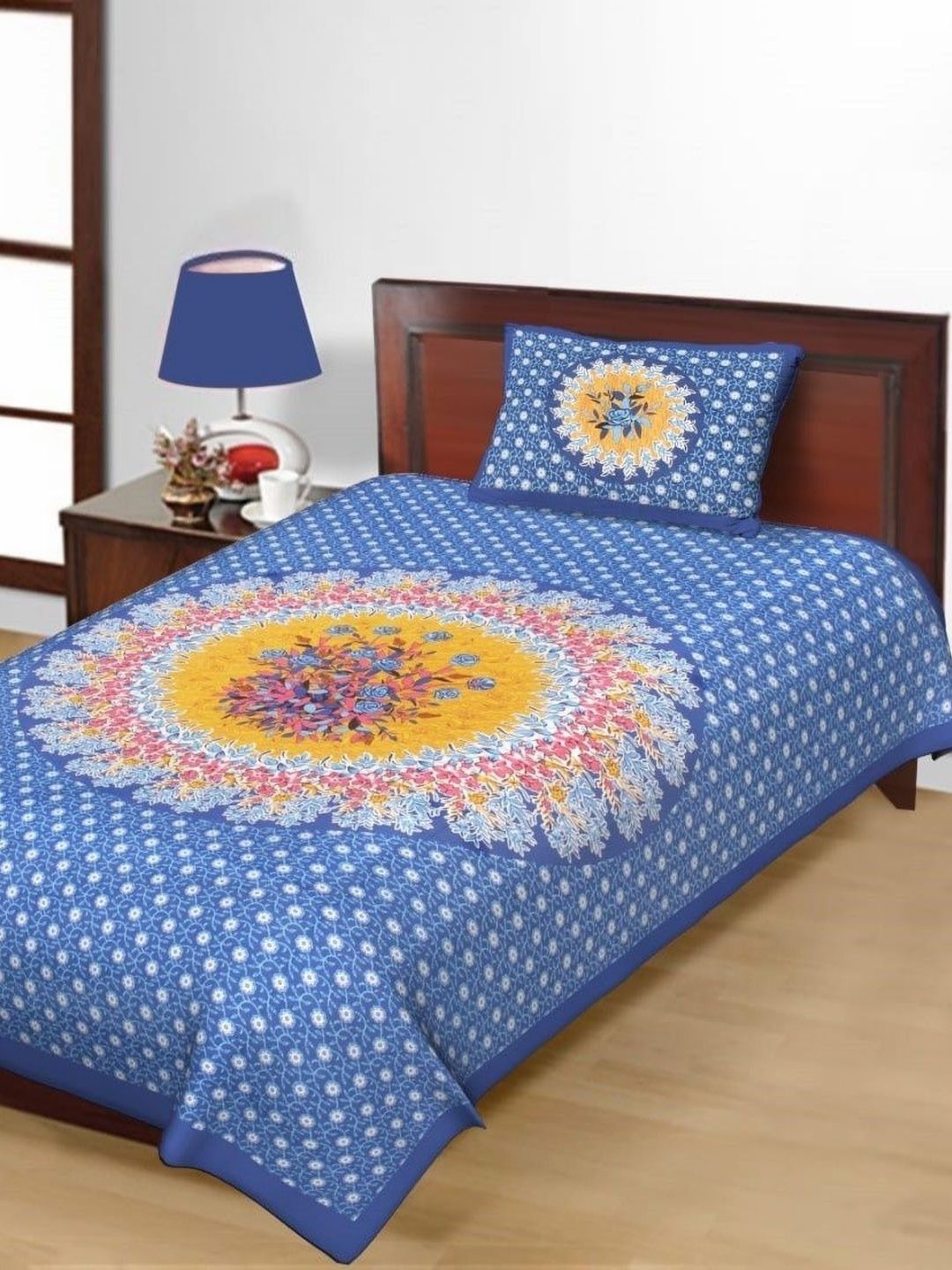 Salgia Blue & Yellow Blue Printed 144 TC Single Bedsheet Sets-2.25 m x 1.45 m-image-49