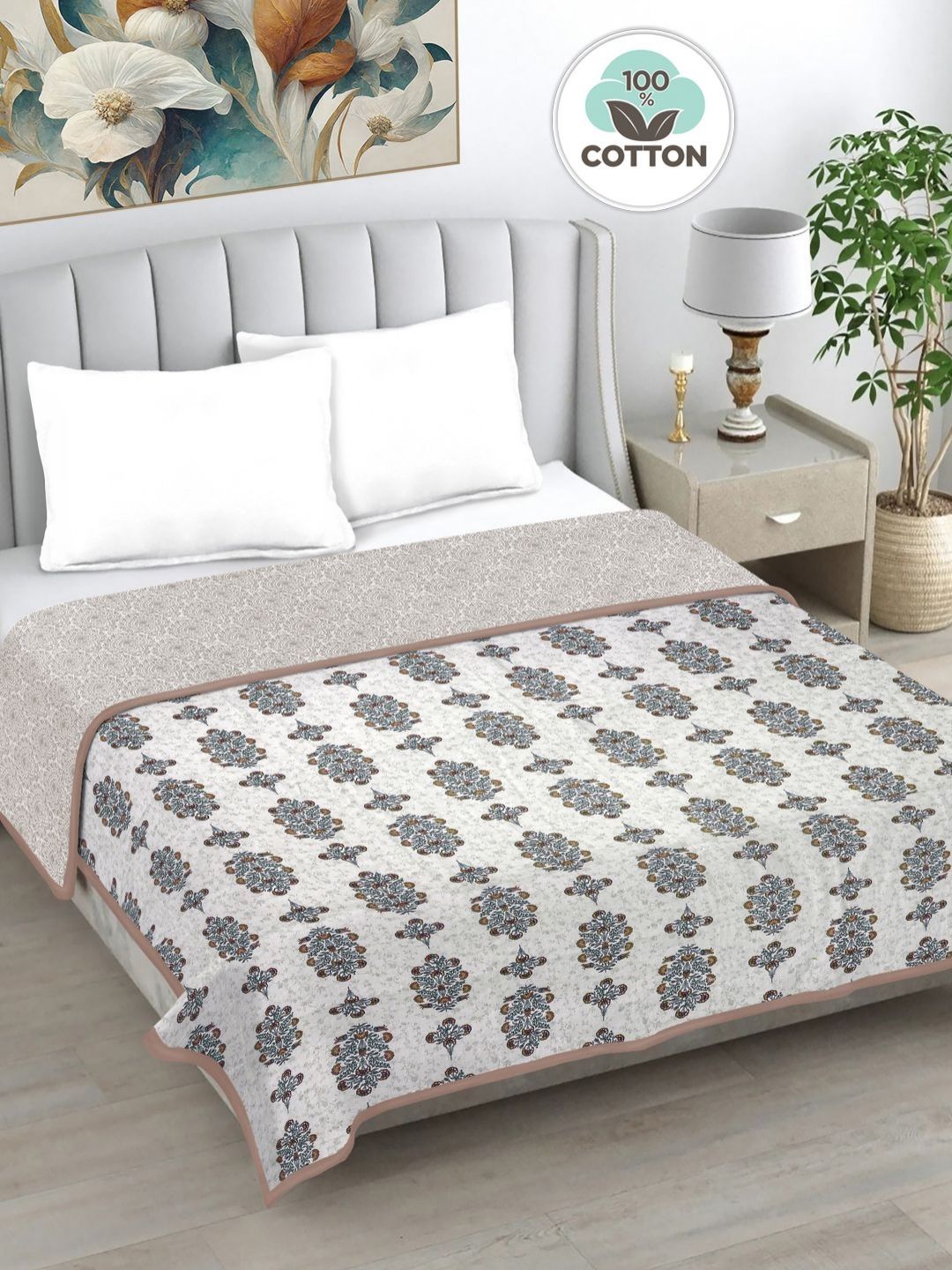 Myntra Elegant Homes White & Black Floral AC Room 233 GSM Double Bed Dohar-picture-21