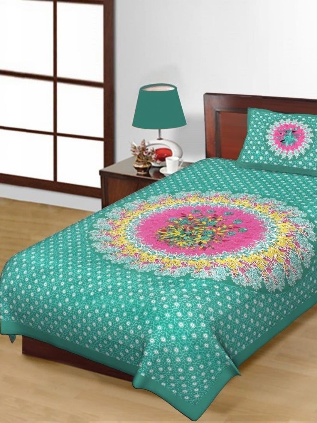 Salgia Green & Pink Floral Printed 144 TC Single Bedsheet Sets-2.25 m x 1.45 m-picture-42