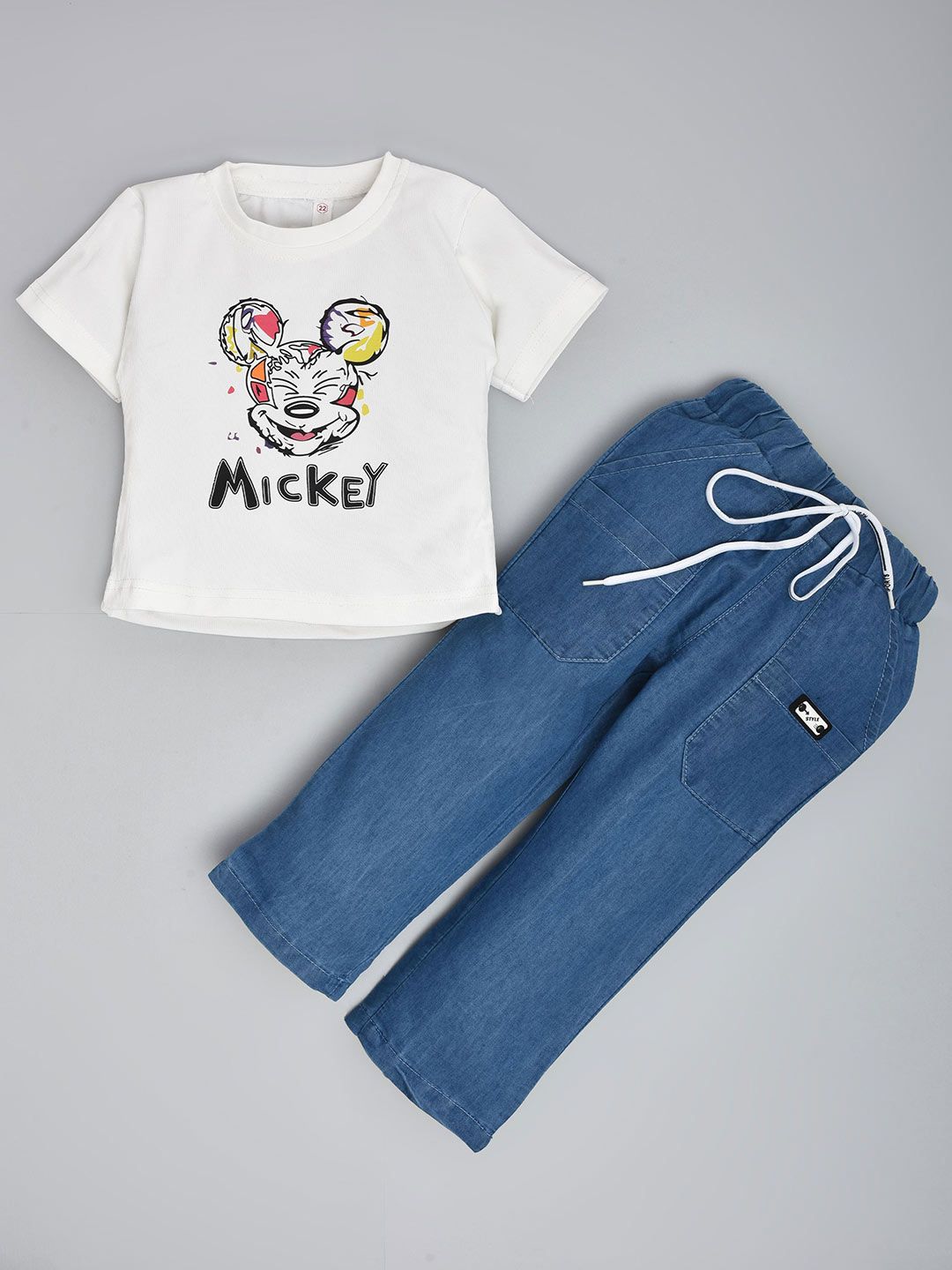 we11 Girls Mickey Mouse Printed Round Neck Pure Cotton T-Shirt With Trouser-image-25