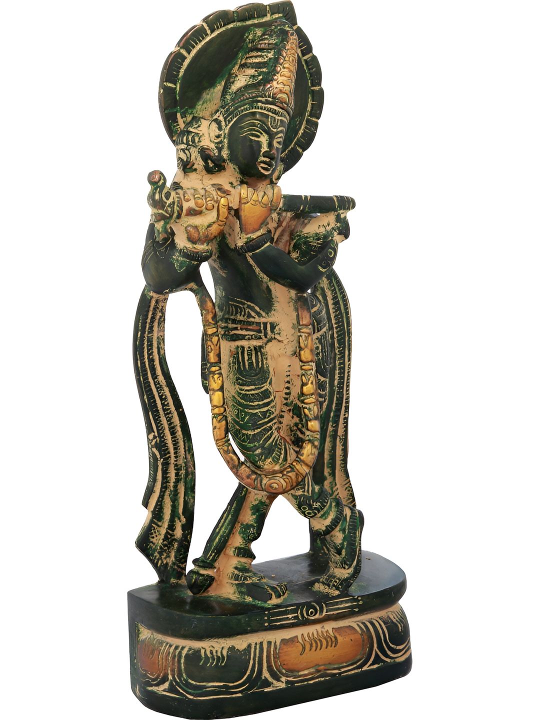 Exotic India Gold-Toned & Green Lord Krishna Playing On Flute Religious Idol Showpiece-picture-12