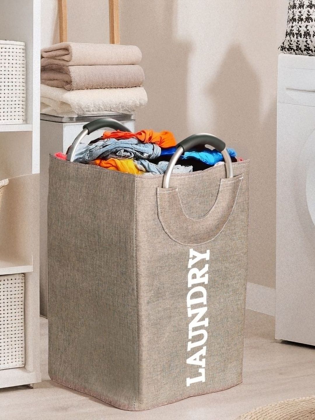 Stylista Grey Durable & Foldable Laundry Bag with Metallic Handle-image-40