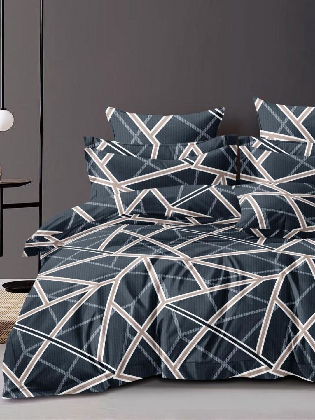 Aura Grey & White Geometric Printed Cotton 300 TC Queen Bedsheet Set-2.25 m x 2.50 m-picture-19