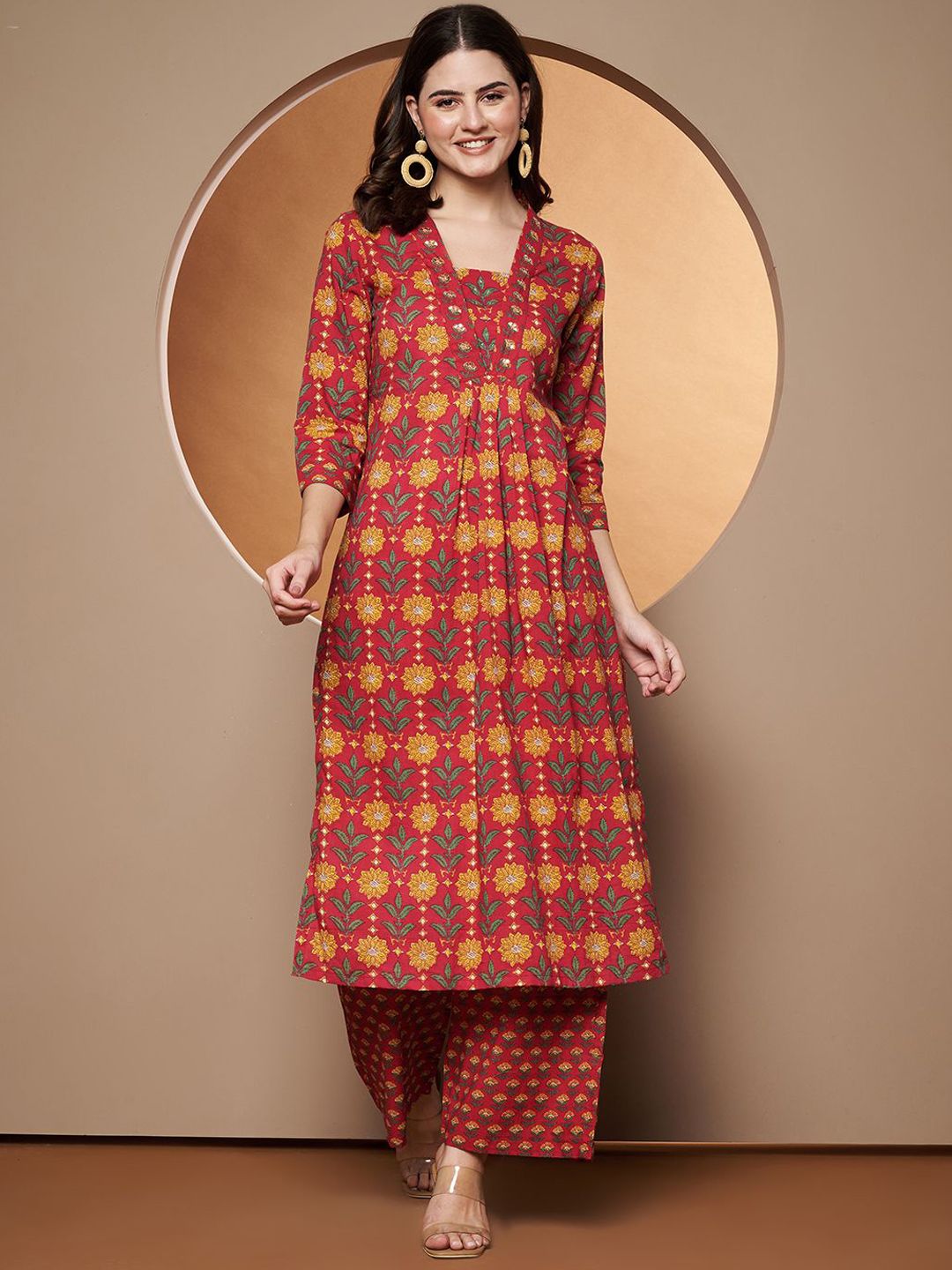 Poshak Hub Floral Printed Square Neck Sequinned Pure Cotton Straight Kurta With Palazzos
