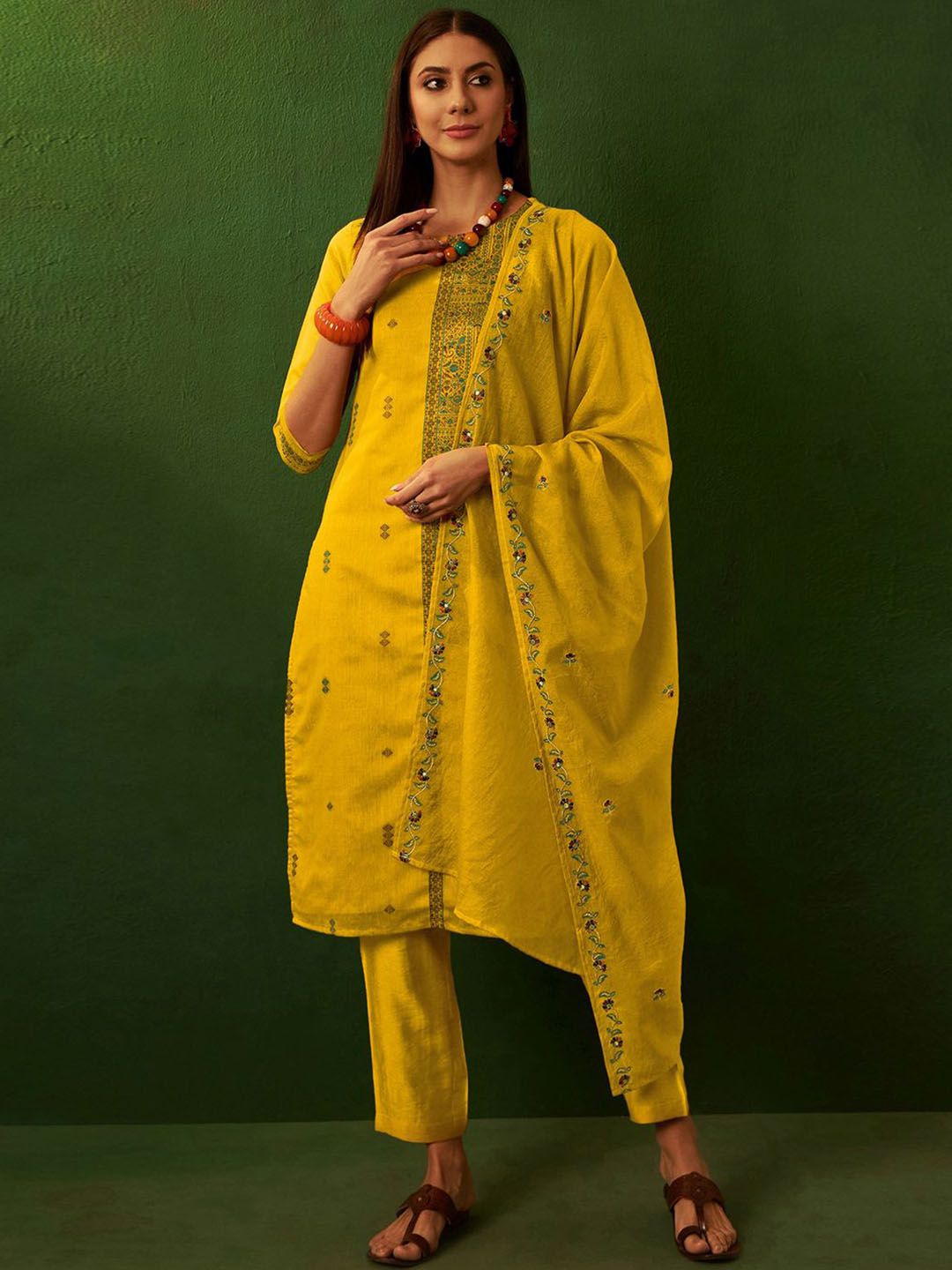 Sangria Embroidered Jacquard Straight Kurta Sets With Dupatta