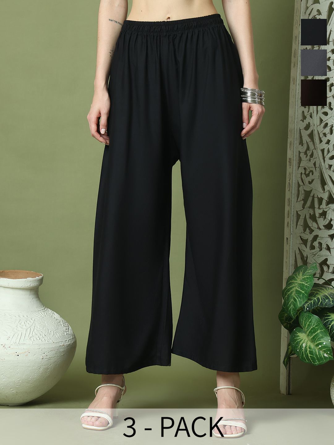 TAG 7 Women Pack Of 3 Flared Palazzos-picture-39