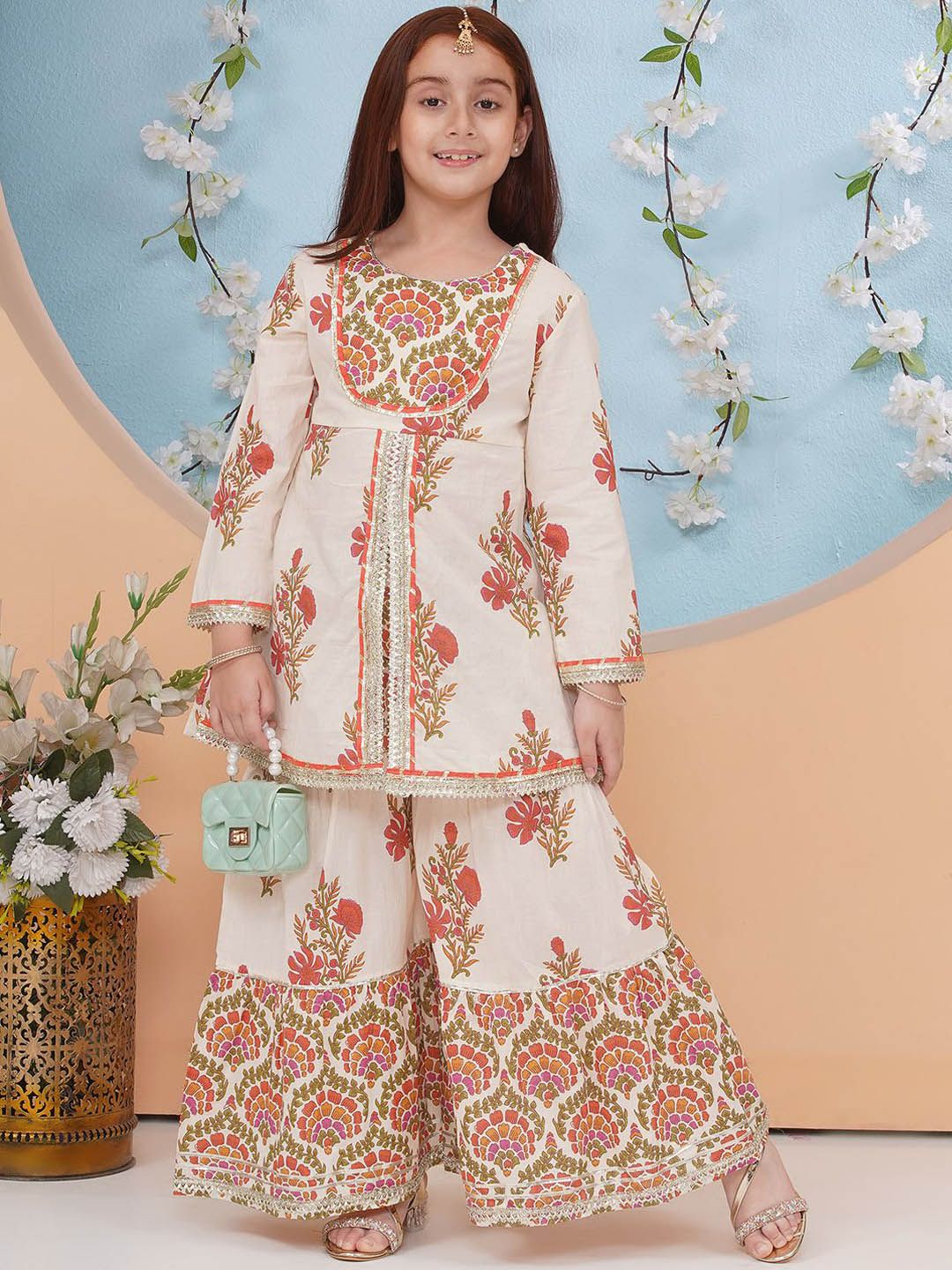 Little Zing Girls Floral Printed Gotta Patti Pure Cotton Straight Kurta With Sharara-picture-10