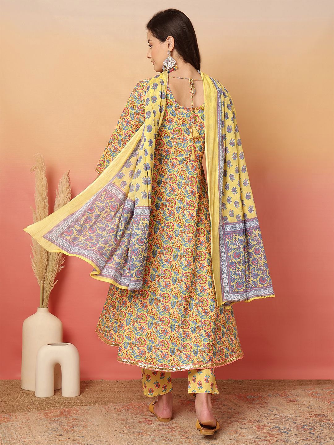 Gray Floral Printed Cotton Kurti Set for Women with Dupatta