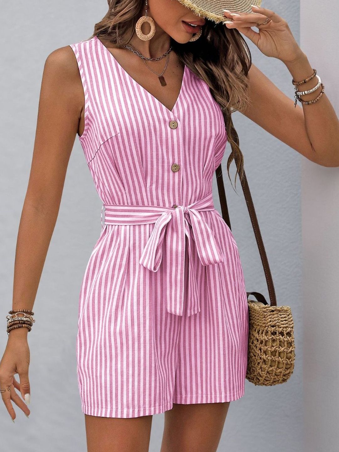 KPOP Women Striped V-Neck Sleeveless Jumpsuit-picture-24