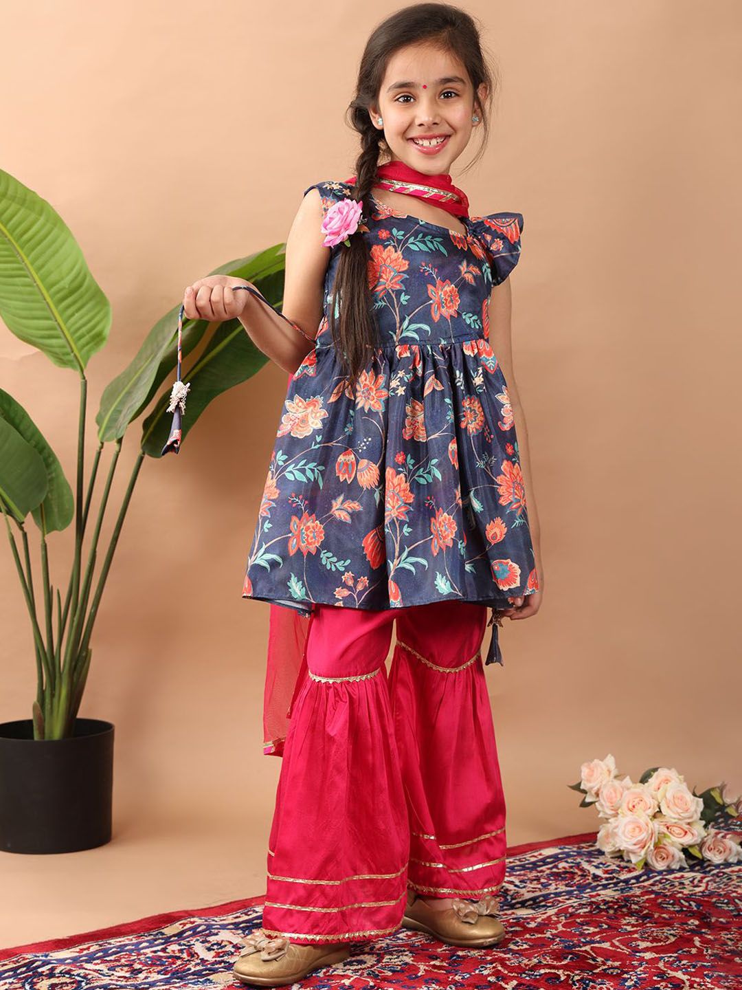 here&now x kinder kids Here&Now X Kinder Girls Floral Printed Round Neck A-Line Kurti With Sharara & Dupatta-picture-17