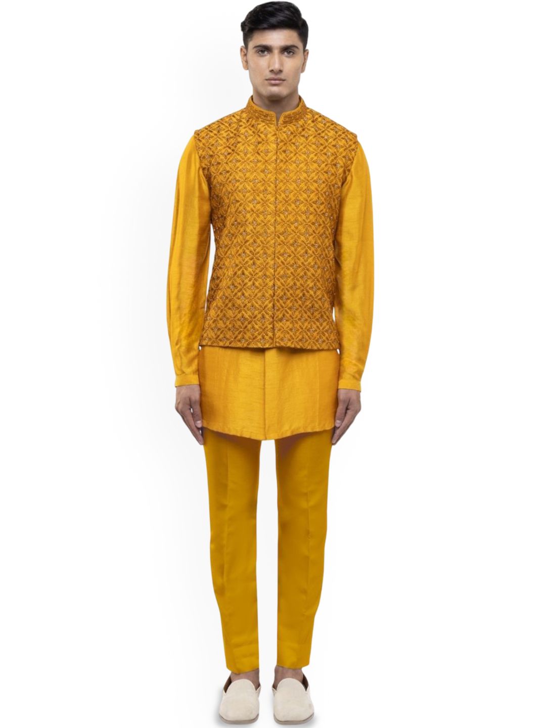 SDS By Kushal Shah Mandarin Collar Silk Straight Kurta With Trousers & Nehru Jacket-image-21