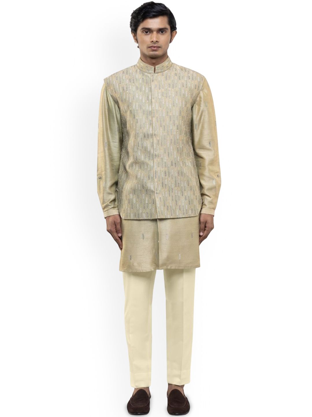 SDS By Kushal Shah Floral Woven Design Mandarin Collar Silk Straight Kurta With Trousers-picture-21