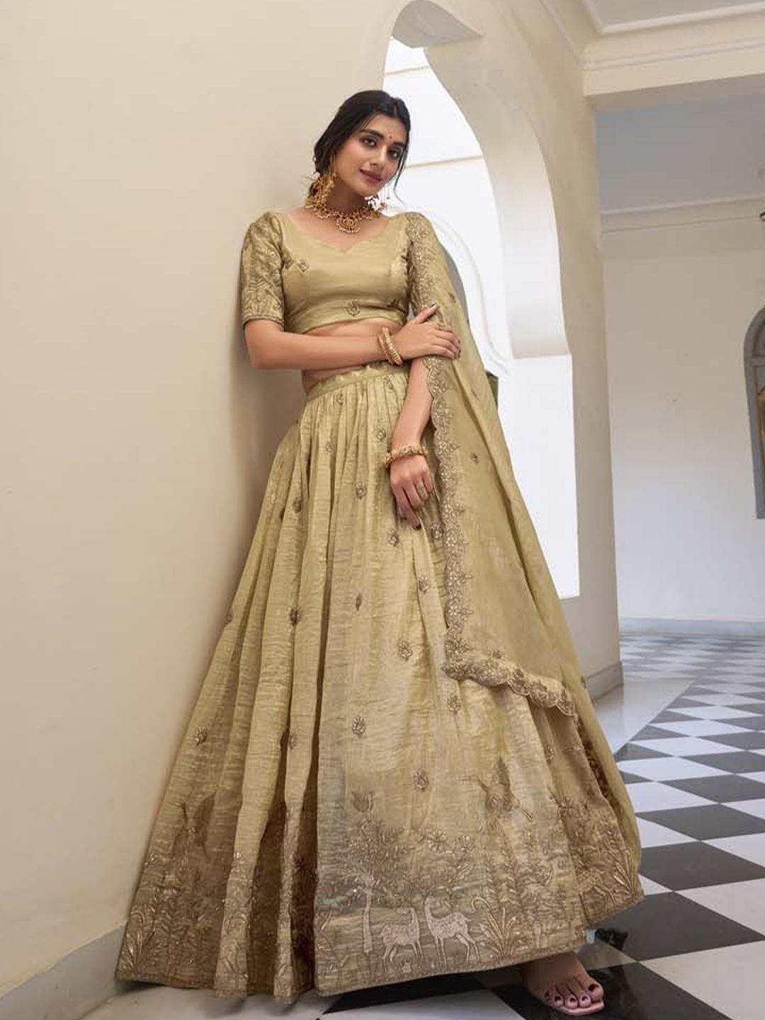 LOOKNBOOK ART Floral Embroidered Ready to Wear Lehenga & Unstitched Blouse With Dupatta