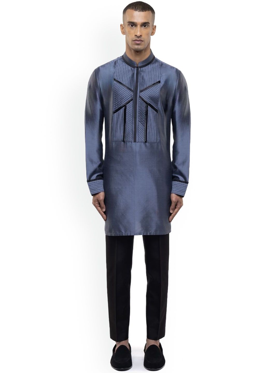 SDS By Kushal Shah Mandarin Collar Pleated Silk Straight Kurta With Trousers-picture-36
