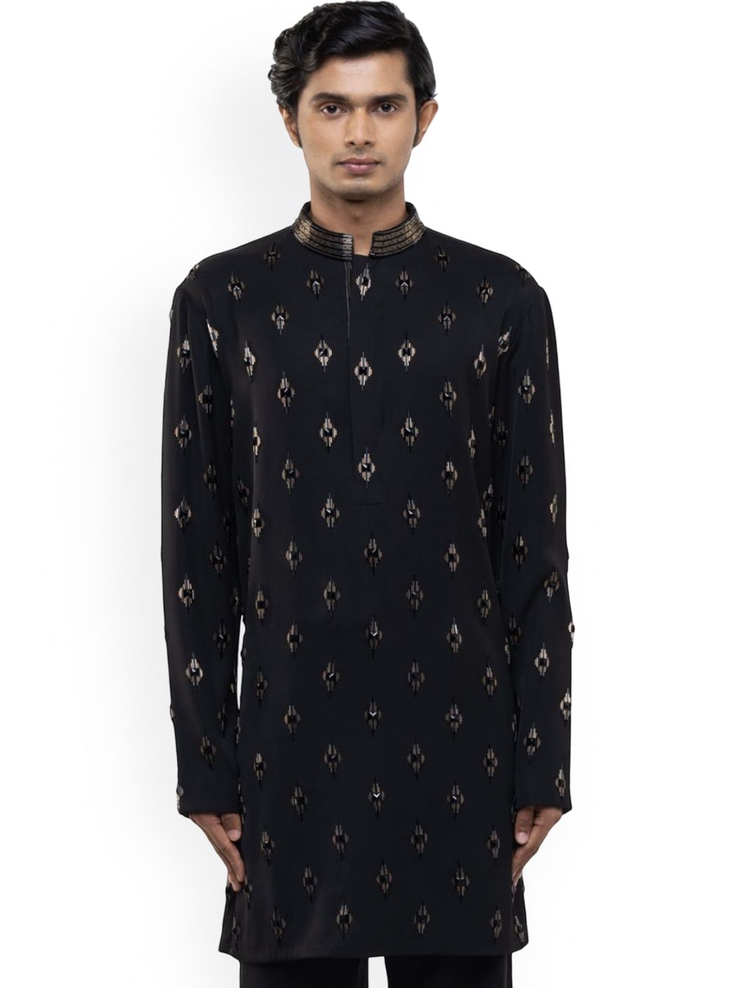 SDS By Kushal Shah Geometric Embroidered Mandarin Collar Beaded Cotton Kurta With Trouser-picture-40