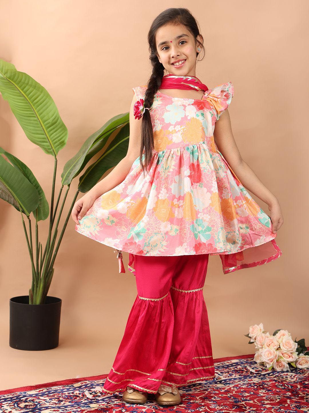 here&now x kinder kids Here&Now X Kinder Girls Floral Printed Round Neck A-Line Kurti With Sharara & Dupatta-picture-18