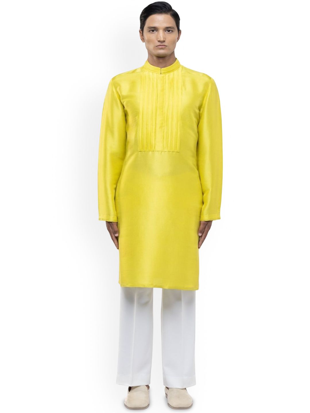 SDS By Kushal Shah Striped Yoke Design Pleated Mandarin Collar Silk Kurta With Trousers-picture-25