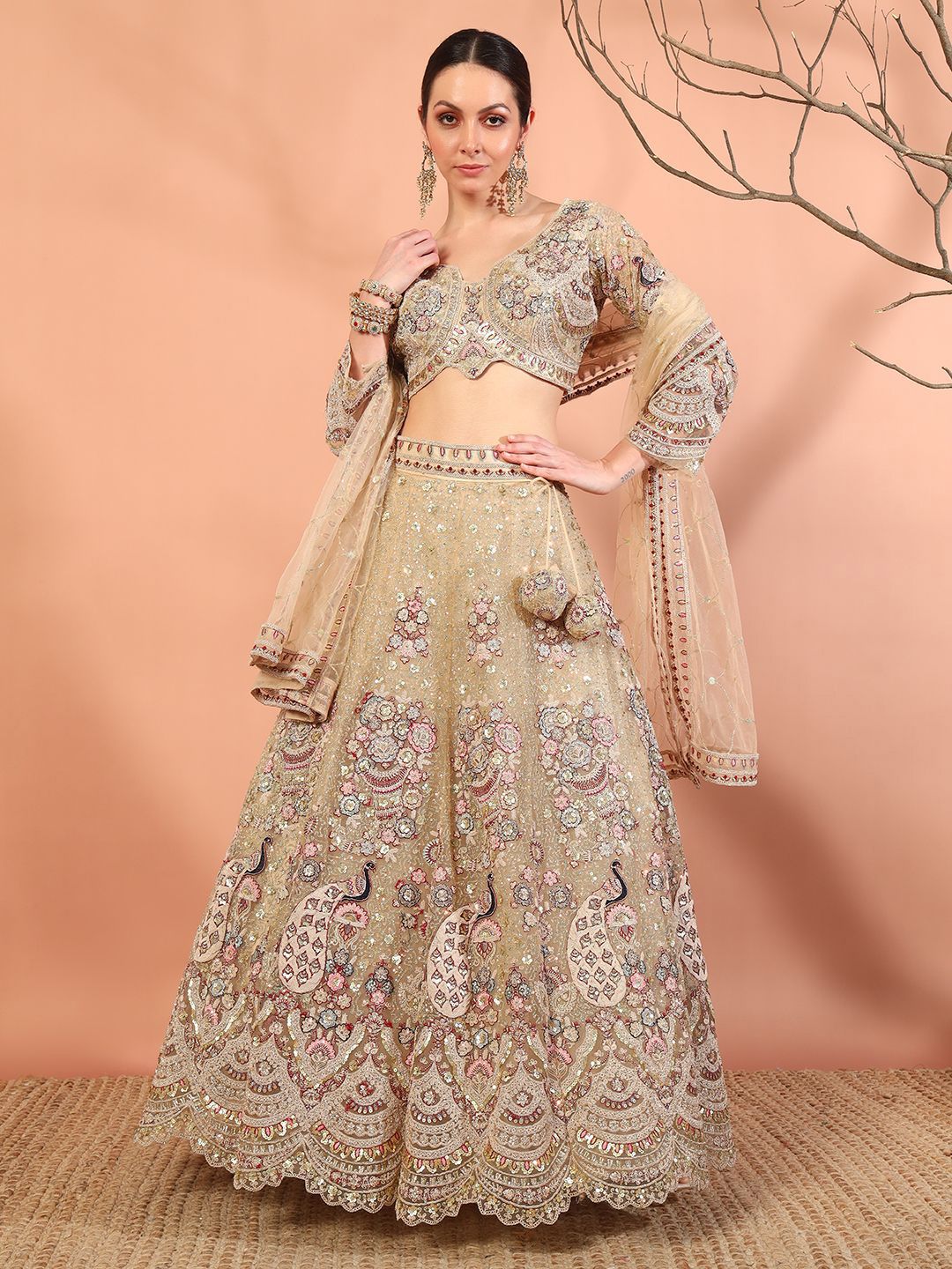 Chhabra 555 Floral Embroidered Sequinned Peacock Inspired Resham Lehenga Choli & Dupatta-image-13